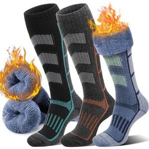 3 Pairs Men's Merino Wool Ski Thermal Warm Thick Knee High Socks, Gray & Blue